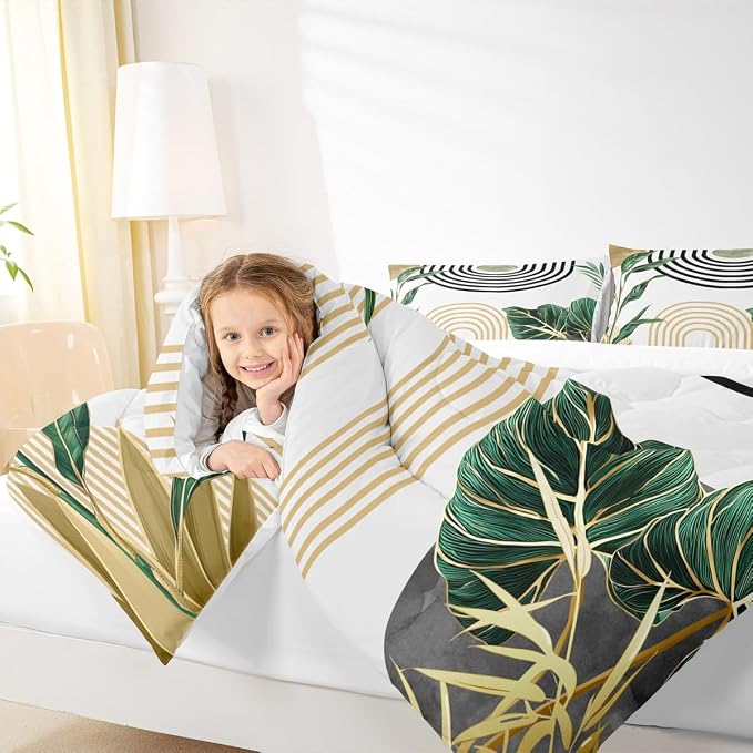 Erosebridal Boho Mid Century Toddler Bedding Set Vintage Minimalist Art Comforter Set Abstract Tropical Aesthetic Down Comforter for Kids Teens Retro Botanical Leaves Sun Bed Set Bedroom Decor