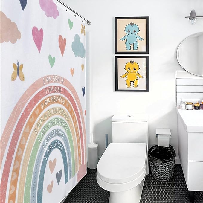 Pastel Rainbow Shower Curtain for Bathroom, Kids Girls Baby Boho Cute Inspirational Motivational Quotes Rainbow Colorful Waterproof Fabric Shower Curtain Set with Hooks, 72"x84" Inch