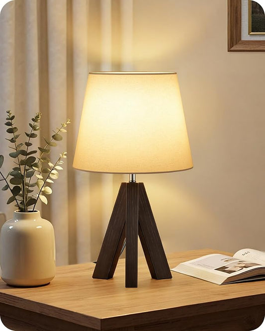 Small Table Lamp for Bedroom, 14.6" Bedside Lamp with White Linen Shade and Walnut Wood Tripod Base, Modern Nightstand Lamp for Living Room, Nursery, Entryway, E26 Socket, VW51TL05