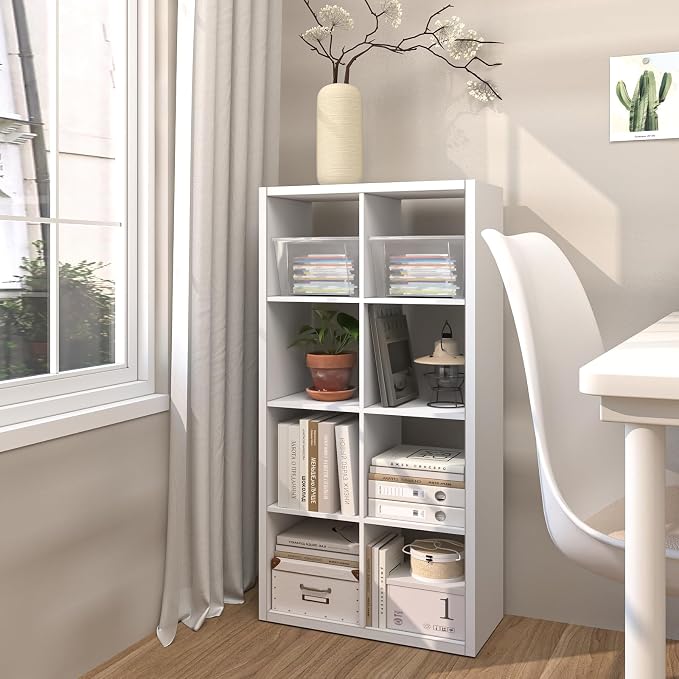 Endearing Limons【2026 Wooden Thick Border 8 Cube Shelf Storage Organizer with Anti-Tipping Kits + Reversible Open Back Bookcase (11 x 11 Unit Cell White)