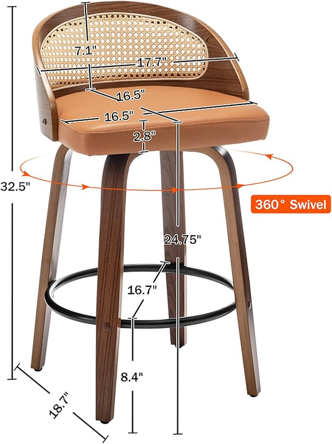 26" Swivel Rattan Bar Stools Set of 3,Mid-Century Modern Orange Leather Upholstered Counter Height Stools,Kitchen Island Barstools with Rattan Low Backrest,Walnut Wood Finish Bar Chair