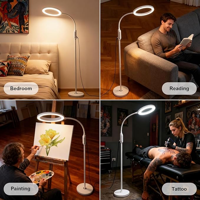 Supe Bright 24W Dimmable LED Floor Lamp with Remote Touch Control Adjustable Gooseneck Standing Light for Reading Makeup Tattoo Lash Extensions White Modern Smart Tall Lamp Living Room Bedroom Office