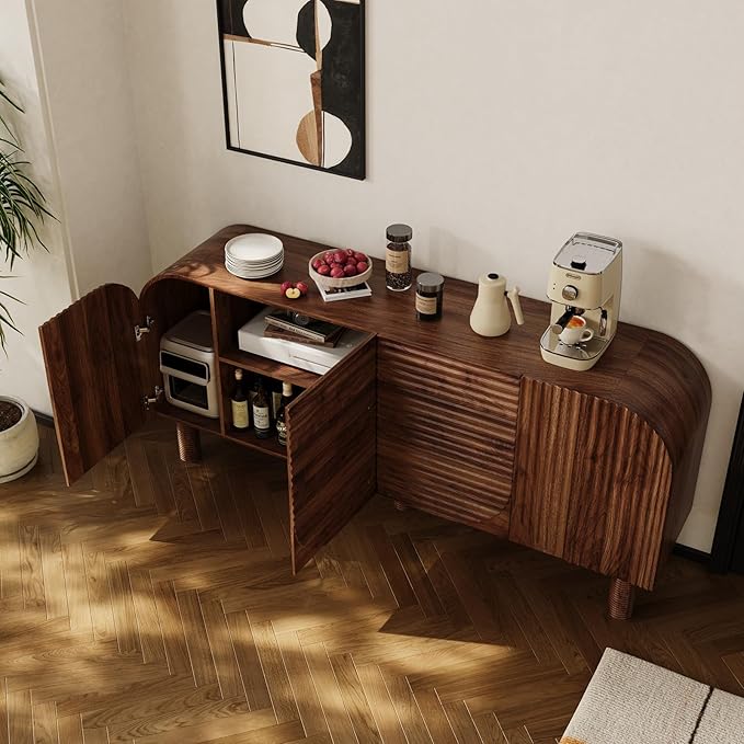 Rophefx 71" Curved Sideboard Cabinet, Large Buffet Sideboard Cabinet with Arched Textured Doors, 4 Doors Credenza with Anti-Tip Device Storage Cabinet for Kitchen, Living Room, Entryway (Walnut)