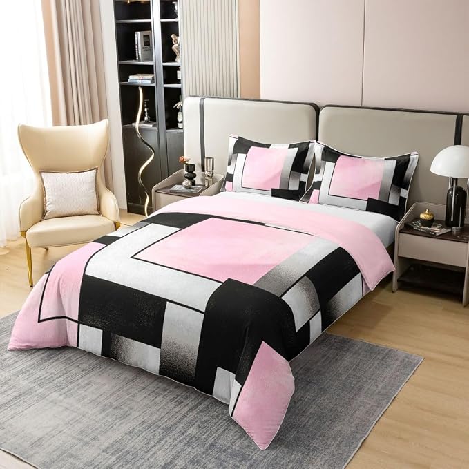 Erosebridal Pink and Black Bedding Set Queen Modern Square Geometric 100% Cotton Duvet Cover Mid Century Minimalist Abstract Comforter Cover for Kids Teens Adults Contemporary Stripes Bed Set 3 Pcs