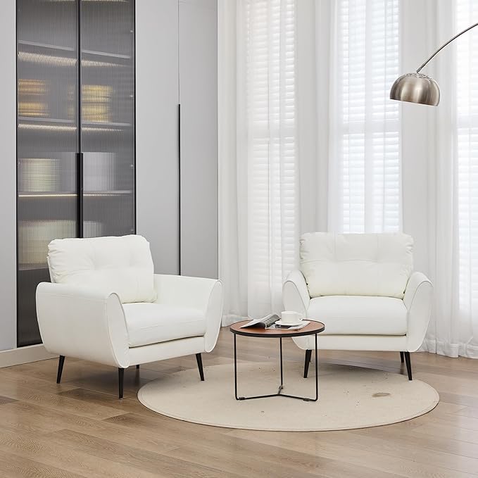 TYBOATLE Accent Chairs Set of 2, Comfy Modern Living Room Chair White Faux Leather Reading Accent Chairs Tufted Mid Century Arm Chair Small Salon Chairs for Office Bedroom (2, White)
