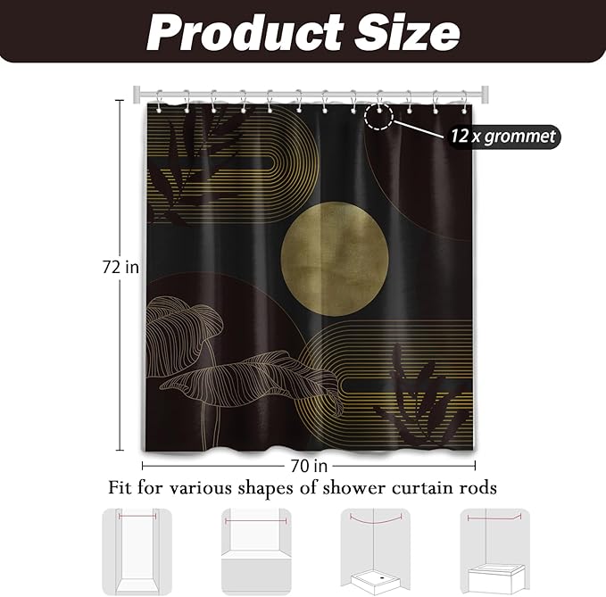 Black Dark Red and Gold Shower Curtain Burgundy Modern Shower Curtains for Bathroom Decor Boho Mid Century Bath Curtain Set, Waterproof Fabric with Hooks 70 x 72 Inch