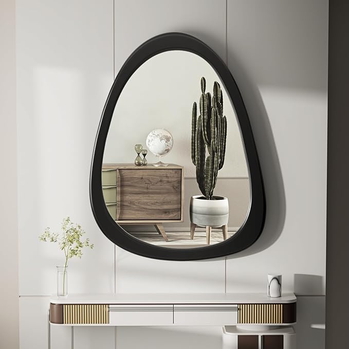 34"x 26" Irregular Wall Mirror, Black Frame Wood Asymmetrical Decorative Wall Wooden Mirror for Living Room Bedroom Entryway Bathroom Home Decor