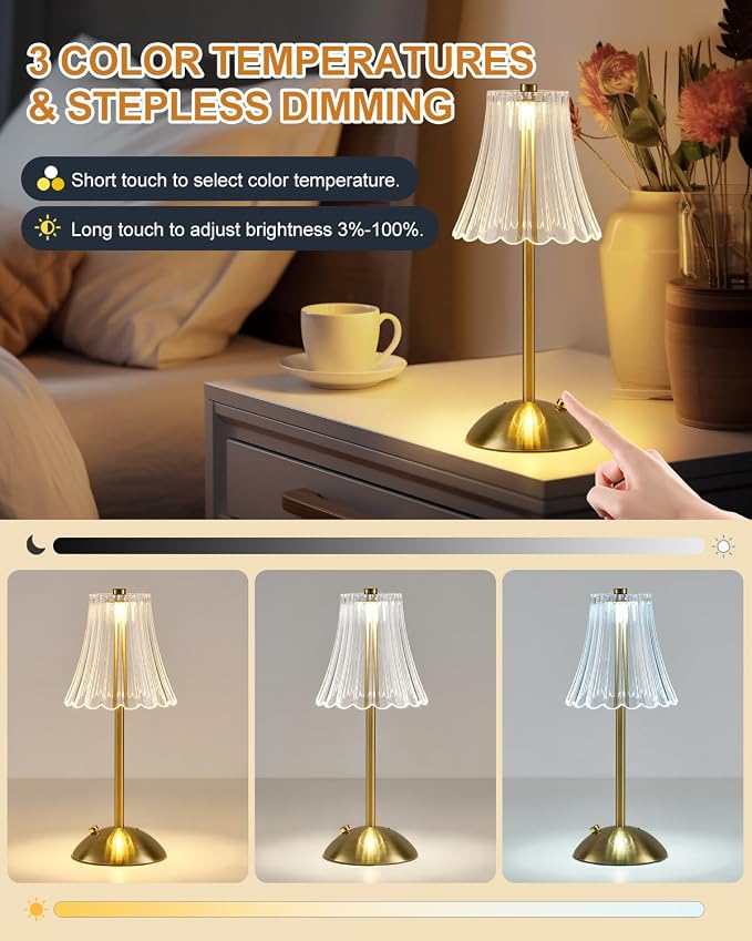 SHREWSBURY & CO Rechargeable Table Lamp Brass, LED Desk Lamp Battery Operated, 3 Colors and Dimmable, Bedside Reading Light, Cordless Touch Lamps for Bedroom Living Room Bar Restaurant
