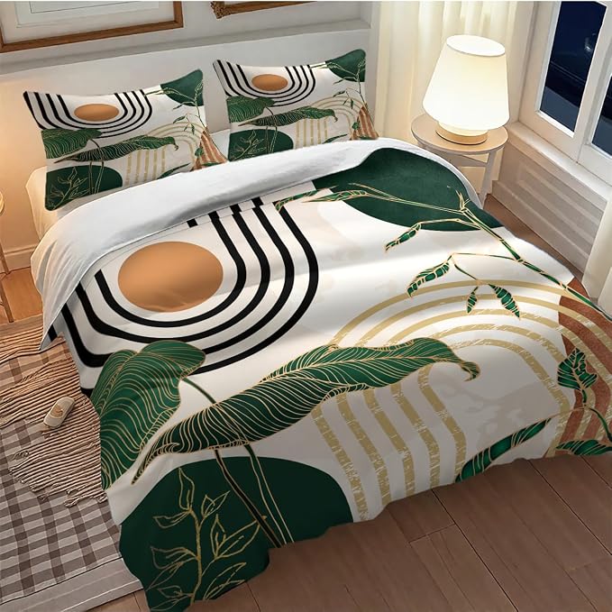 Boho Leaf Bedding Set,Mid Century Green Tropical Plant Palm Leaves Abstract Minimalist Geometic Arch Modern Comforter Set with Pillowcase for Bedroom Bed Decor,Full 79"x90"