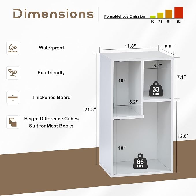 VECELO 3-Cube Bookcase, 2-Tier Customized Storage Display Shelf, Bookshelf with Height Difference Fits Tallest Hardcovers, Horizontal Available, Free Standing for Home Office, Pearl White