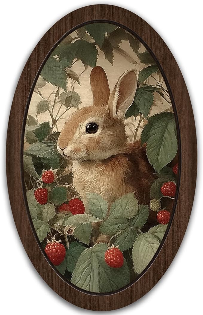 UYIKG Vintage Rabbit Wall Art Decor,Cute Bunny Oval Wall Decor,Rustic Cottagecore Animal Botanical Oval Wooden Framed Decorations for Nursery Kids Room Bedroom Living Room 9x14.6 in