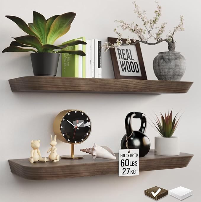 Wood Floating Shelves 24 inch (Set of 2) - Premium Wood Shelves -Wooden Floating Shelves for Wall Mounted -Heavy Duty Floating Bathroom Shelves -8 Inch Deep Shelf - American Walnut, Matte