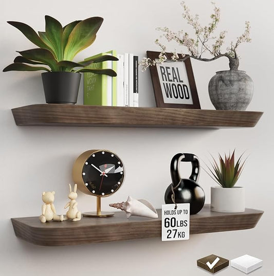 Wood Floating Shelves 24 inch (Set of 2) - Premium Wood Shelves -Wooden Floating Shelves for Wall Mounted -Heavy Duty Floating Bathroom Shelves -8 Inch Deep Shelf - American Walnut, Matte