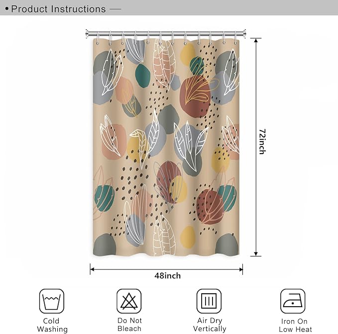 Abstract Mid Century Shower Curtain for Bathroom Boho Leaves Colorful Geometric Pattern Washable Polyester Durable Fabric Aesthetics Bath Shower Curtain with Hooks, 48x72 Inch