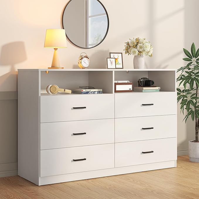 Bigbiglife 6 Drawers Dresser for Bedroom with Open Storage Cubby, Double Wide Dresser Organizer for Bedroom, Living Room, Entryway, Hallway (White)
