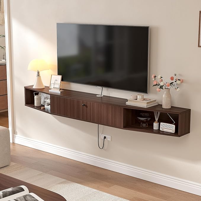 78inch Floating TV Stand, Plywood Wall Mounted Media Console with 1 Flip Down Door & 5 Open Shelves, Modern Floating Entertainment Center with Wire Management for Living Room, Walnut