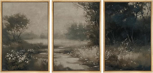 MUDECOR Framed Wall Art Print Set Vintage Landscape Subtle Forest and River in Earthy Tones Illustrations Modern Art Boho Decorative Colorful Chic for Living Room, Bedroom, Office - 24"x36"x3 Natural