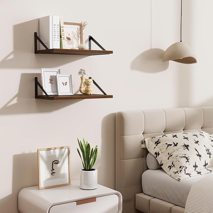 Floating Shelves for Wall,18" Wall Mounted Shelves Set of 2,Wood Floating Shelf with Bracket,Sturdy Metal Bracket Bookshelves Home Decor Storage for Living Room,Bedroom,Bathroom,Kitchen,Walnut