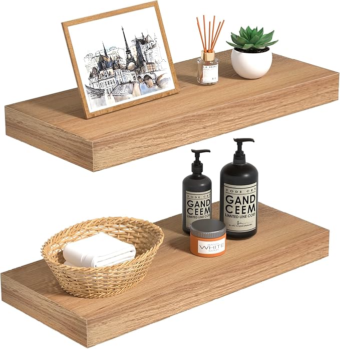 INHABIT UNION Oak Floating Shelves Wood for Wall 15.7in Wall Mounted Display Ledge Shelves Perfect for Bedroom, Bathroom, Living Room and Kitchen Decoration Storage (Set of 2)