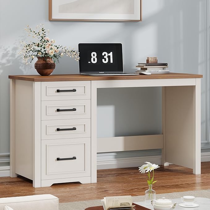 Vabches Farmhouse 49” Executive Desk with File Drawer, 4 Drawers Reversible Computer Desk with Storage, Rustic Home Writing Workstation for Home Office.White Brown