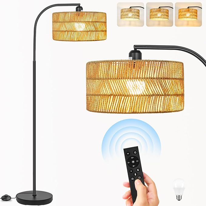 Rattan Floor Lamp- Boho Floor Lamp for Living Room, Rattan Standing Lamps with Dimmable Bulb, Adjustable Rattan Lamp Shades Bohemian Over Couch Lamps for Bedroom, Office