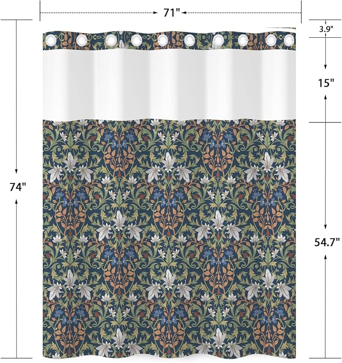 No Hook Shower Curtain and Snap in Liner Set - Vintage William Morris Floral Botanical Pattern Shower Curtains for Modern Farmhouse Bathroom, Mesh Top Waterproof Bath Curtain, 71Wx74H