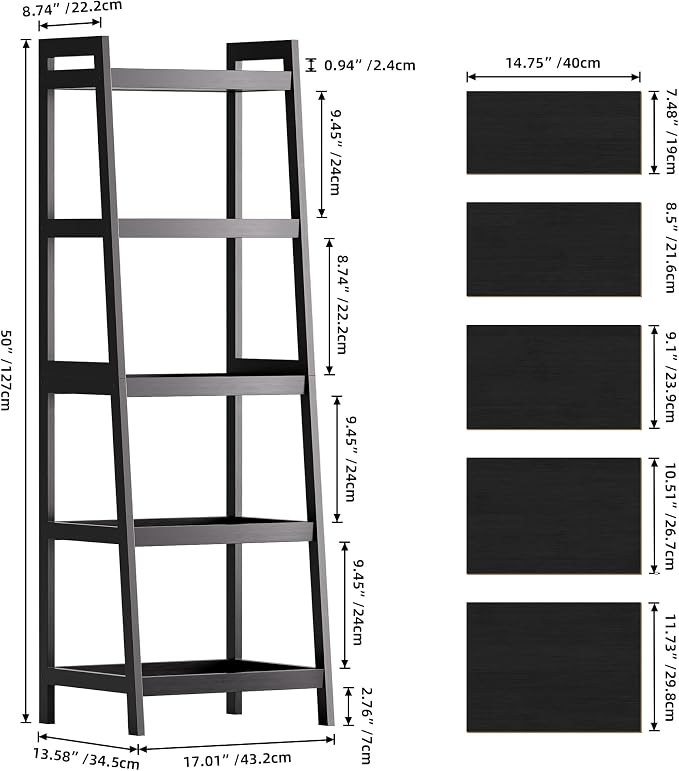 SMIBUY Bamboo Ladder Bookcase, Bathroom Storage Rack Organizer, 4 Tier and 5 Tier Freestanding Plant Display Stand Space Saver Shelves for Bedroom, Kitchen, Balcony (Black, 5 Tiers (50" H))
