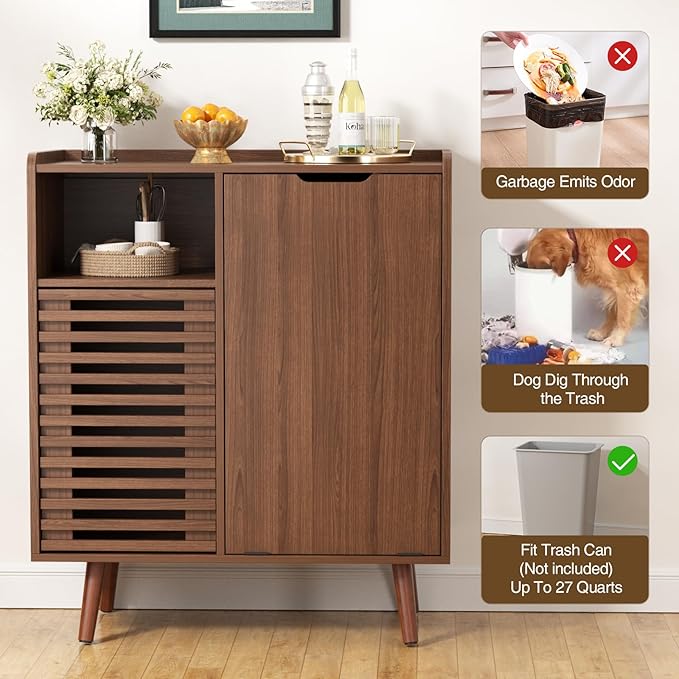 FiveWillowise Storage Cabinet with slatted Door, Tilt Out Trash Can Cabinet for 10 Gallon Wooden Dog-Proof Recycling Bin with Hidden Laundry Basket for Kitchen Island and Dining Room, Walnut