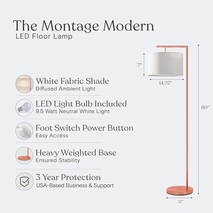 Brightech Montage Modern Floor Lamp, LED Floor Lamp for Living Rooms & Offices - Tall Standing Lamp for Bedroom Reading - Corner Pole Lamp for Contemporary Home Decor - Rose Gold