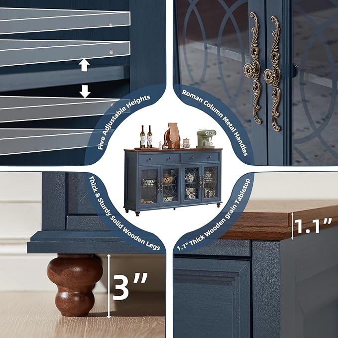 Farmhouse Sideboard Buffet Cabinet Set of 2 with Storage,59" Large Credenza with 4 Glass Doors & 2 Drawers,Adjustable Shelves Console Table,Wood Kitchen Coffee Bar for Dining Room,Blue