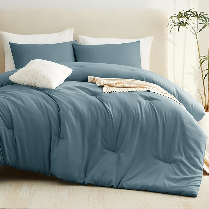 CozyLux California King Comforter Set Mineral Blue, 3 Pieces Cal King Lightweight Down Alternative Quilted Bedding Sets, All Season Breathable Solid Comforter with 2 Pillowcases, Bed Set Gift for Home