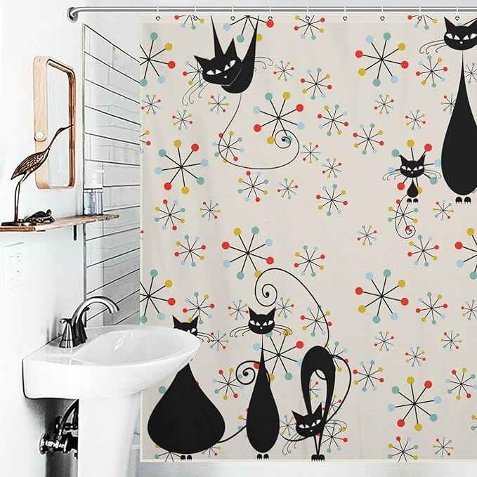 Mid Century Black Cat Shower Curtain,Atomic Cat Modern Abstract Geometric Iconic Pattern 1950s Vintage Funny Decor Fabric Bathroom Curtain with Hooks 72x72in（183x183cm）