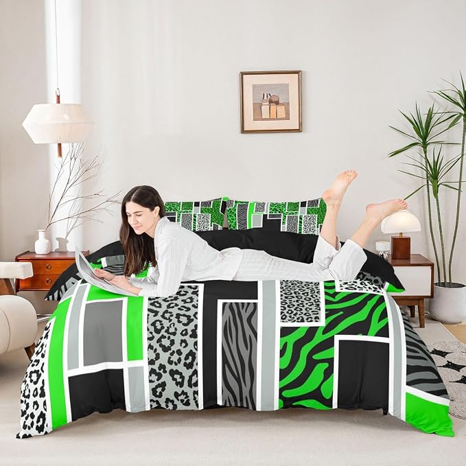 Erosebridal Leopard Zebra Print Toddler Duvet Cover Green Black Grey Geometric Patchwork Bedding Set Rustic Animal Skin Texture Comforter Cover for Kids Teen Adults,Jungle Wildlife Bed Set