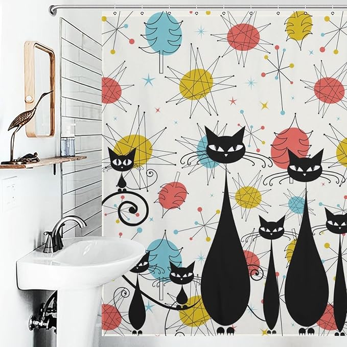 Mid Century Shower Curtain Christmas Tree Atomic Black Cat Aesthetic Patterned Duty Fabric Shower Curtains Set Bathroom Polyester Waterproof with 12 Hooks,72x72Inch（183x183cm）