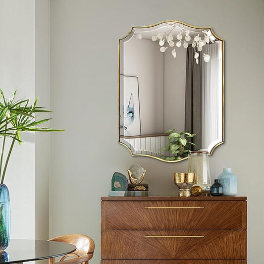 POZINO Gold Bathroom Vanity Mirror, 22"x30" Modern Brushed Mirrors for Over Sink, Unique Rectangle Beveled Mirror for Wall, Brass Scalloped Mirrors for Living Room Bedroom Entryway Fireplace