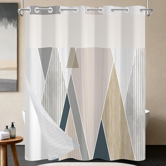 No Hook Shower Curtain with Snap in Liner - Modern Geometric Wood-Textured Pattern, Neutral Shower Curtains with See Through Mesh Top Window, Gray Beige Waterproof Cloth Fabric, 71x74 Inch