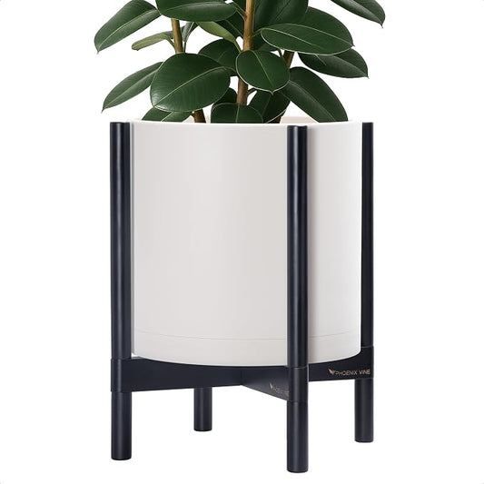 D'vine Dev Planter Pot with Stand - 14 Inch Plastic Cylinder Flower Pot with Wood Planter Holder for Indoor, Oatmeal Pot + Ebony Stand, 55-C-T-4