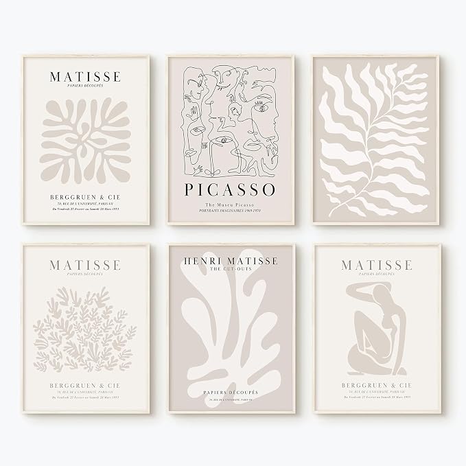 Youillne Henri Matisse Wall Art Prints Flower Abstract Canvas Pictures Aesthetic Beige Wall Art Decor Matisse Picasso Poster Gallery Vintage Painting Artwork for Bedroom 12x16 Inch Unframed Set of 6