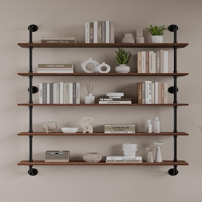 HDDFER Floating Shelves for Wall Bookshelf Industrial Pipe Shelving Shelves 48 Inch 5 Tier Natural Wood Planks Rustic Wall Shelves Hanging Bookshelves Farmhouse Kitchen Shelving