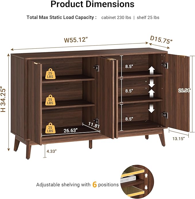 Buffet Cabinet, 55'' Walnut Coffee Bar Cabinet with Storage, Modern Fluted Sideboard Cabinet with Adjustable Shelf & Doors, Accent Credenza for Kitchen, Living Room, Entryway, Hallway