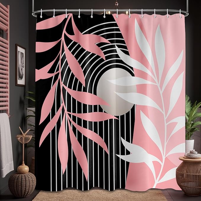 Pink Shower Curtain Boho Mid Century Pink and Black Shower Curtains for Bathroom Decor, Waterproof Cloth Fabric with Hooks, 70" W x 72" L