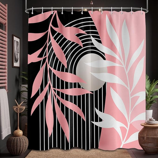 Pink Shower Curtain Boho Mid Century Pink and Black Shower Curtains for Bathroom Decor, Waterproof Cloth Fabric with Hooks, 70" W x 72" L