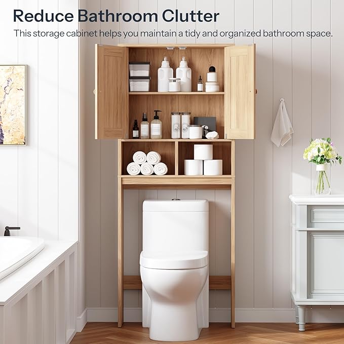 HOOBRO Over The Toilet Storage Cabinet with Rattan-Style Doors, Farmhouse Bathroom Over Toilet Organizer, Bathroom Storage Shelf, Adjustable Shelves, Laundry Room, Natural NL23TS01