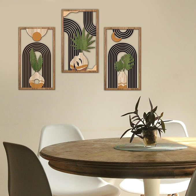 Bnesi 3 Piece Abstract Boho Wall Art Decor Minimalist Modern Wooden Wall Art Mid-Century Modern Wall Art Set of 3 Wall Decor for Living Room Bedroom Bathroom Kitchen (Boho, Medium)
