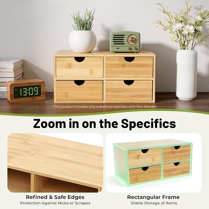 Bamboo Desk Organizer Small Retro Bamboo Tabletop Storage Box with Drawers& Recess Handles for Office Home Supplies Table Storage Collector 13 * 7.5 * 6in (4 Drawers)