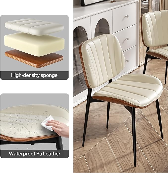Dining Chairs Set of 8, Mid Century Modern Dining Room Chair, Upholstered Faux Leather Kitchen Chairs with Walnut Bentwood Back and Metal Legs for Kitchen Dining Room Living Room, Beige