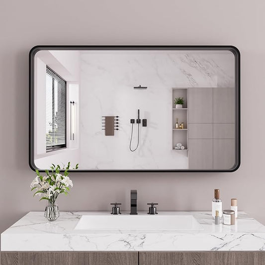 Black Bathroom Mirror 55X30 Inch, Black Metal Framed Mirror for Wall, Rounded Rectangle Matte Bathroom Vanity Mirror with Tempered Glass, Anti-Rust, Horizontal/Vertical