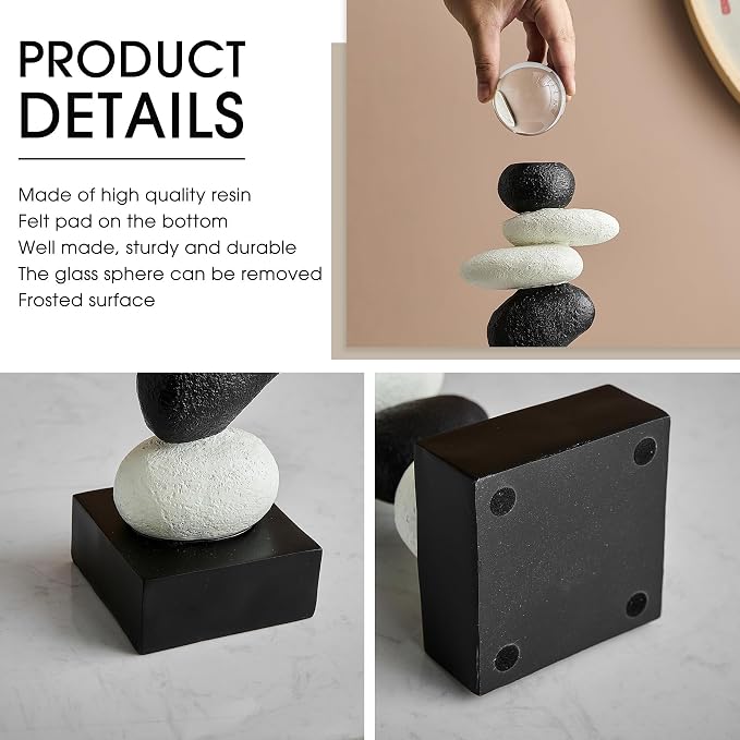 FJS Modern Fake Stone Sculpture Decor for Living Room, Black and White Stacked Statue for Coffee Table Centerpiece, Resin Sculptures for TV Stand Shelf Bookshelf Decorations, Gifts for Good Luck