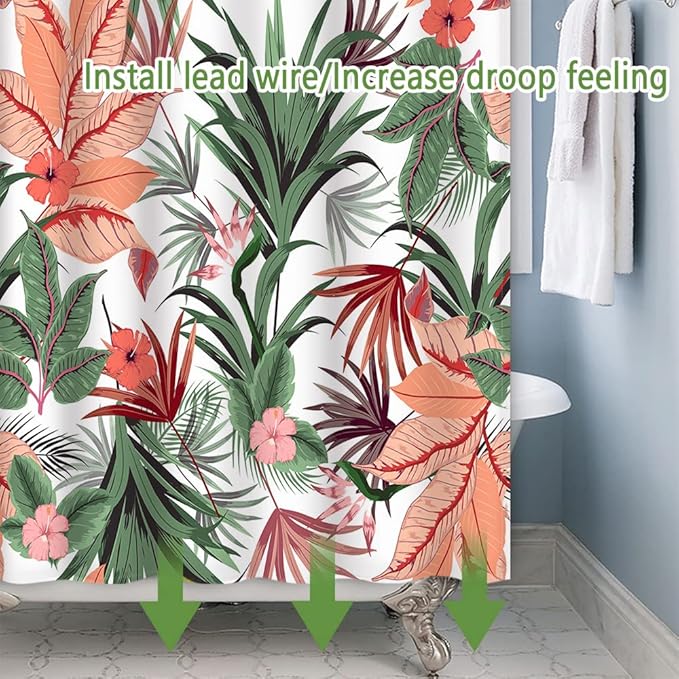 Tropical Plant Shower Curtain Boho Green Leaves Blossom Pink Lily Bath Curtain 72 x 78 Inch Waterproof Washable Fabric Summer Bathroom Decorative Shower Curtain Sets with 12 Hooks