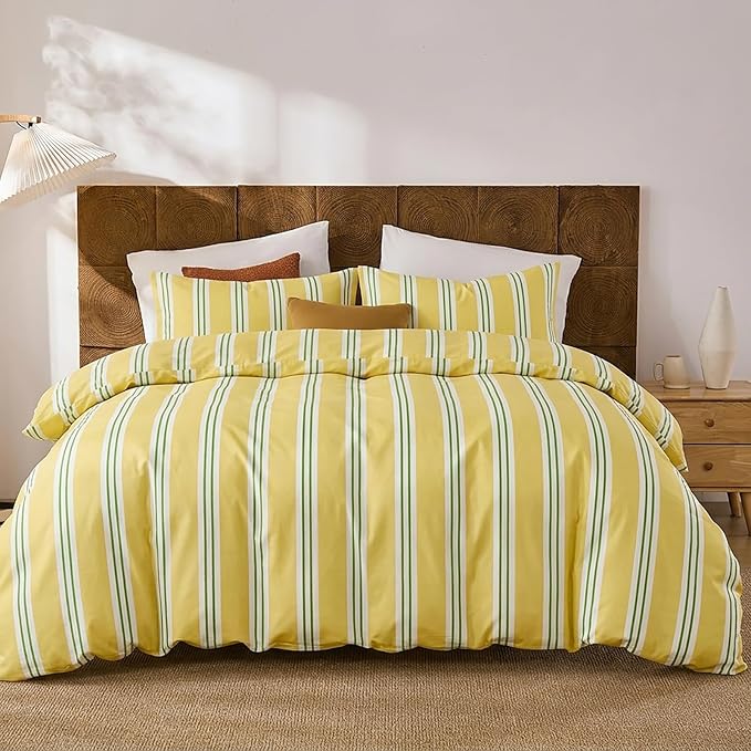 Merryword Striped Duvet Cover Set Queen Size - 100% Cotton Duvet Cover Set, Yellow Ribbon Stripes Pattern Comforter Cover 3 Pieces, Soft Linen Like Bedding Set for All Seasons